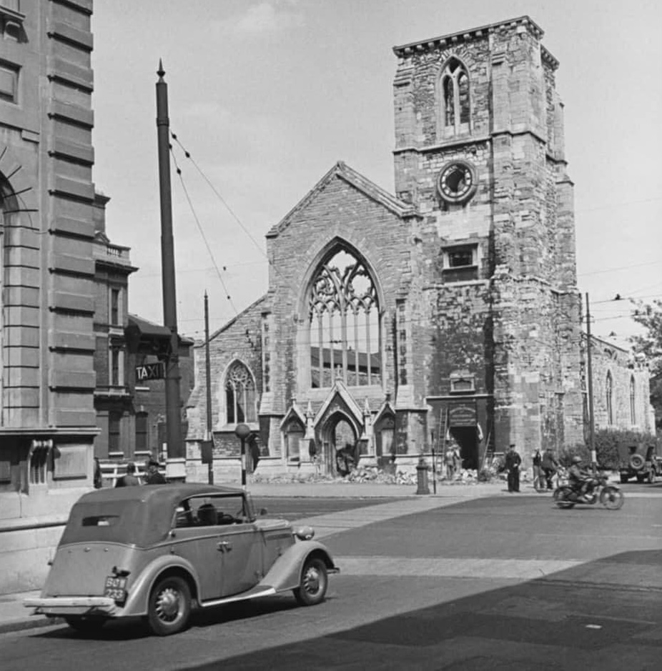 Holyrood Church shortly after being destroyed during the Southampton Blitz. Image courtesy of the Southampton Memories: People and Places Facebook group.