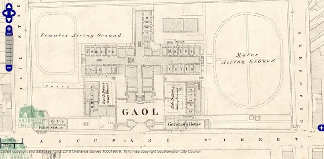 Plan of the gaol on Ascupart Street, from Southampton City Council's 1870 map of Southampton: https://www.southampton.gov.uk/arts-heritage/history-southampton/historic-maps/1870-map/