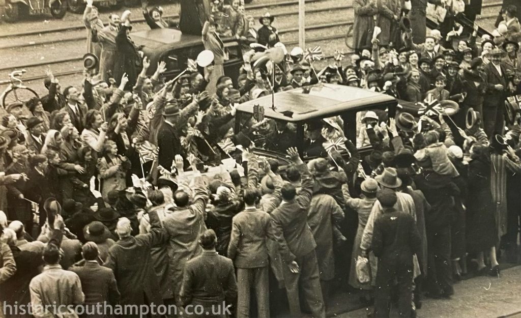 The royal car passing through cheering crowds in Southampton. Image from an original postcard in my collection.
